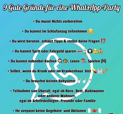 Grafik mit neun guten Gründen für eine Tupperware WhatsApp-Party