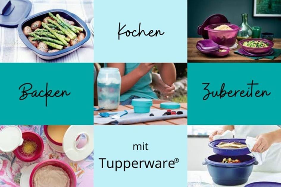 Collage mit Gerichten und der Aufschrift Kochen, Backen und Zubereiten mit Tupperware in der Mikrowelle.